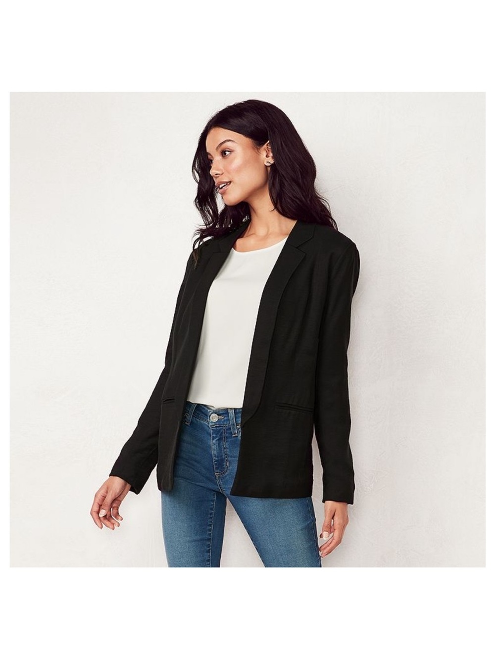LC LAUREN CONRAD Women's Black Relaxed Open-Front Blazer Jacket Size 2